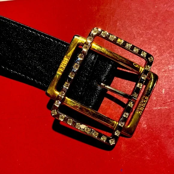 Ferre Crystal Encrusted Large Gold Sulver Logo Buckle Black Leather Vintage Belt GF FERRE Belt Brown Leather Fashion Logo Buckle Waist Women  main image 3